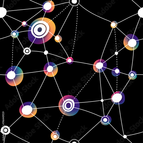 Seamless structure of lines and round fluid gradient points at intersections. Theme of interaction, agglomeration, connections, networks, constellation.