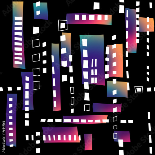 Seamless structure of stylized residential district. Black pattern with white windows and fluid gradient rectangles.