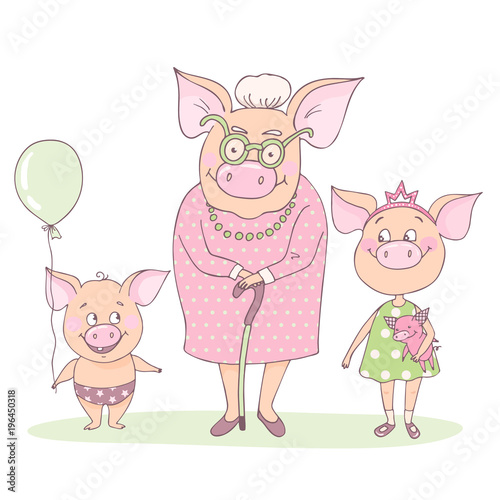 Canvas Print pig grandmother with hergrandchildren