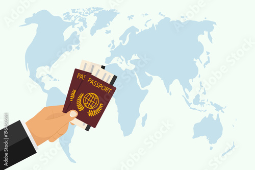 Passport with boarding pass in hand. The hand holds a passport against the background of the world map. The concept of travel.
