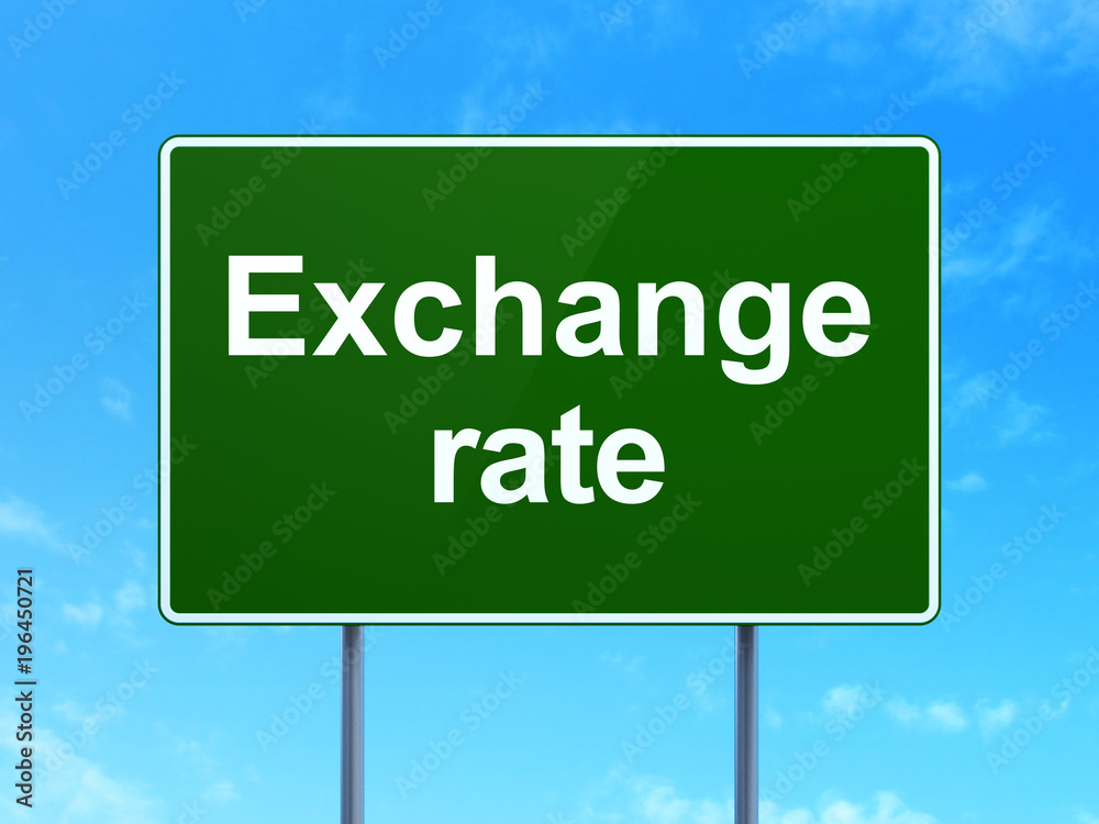 Money concept: Exchange Rate on green road highway sign, clear blue sky background, 3D rendering Money concept: Exchange Rate on green road highway sign, clear blue sky background, 3D rendering