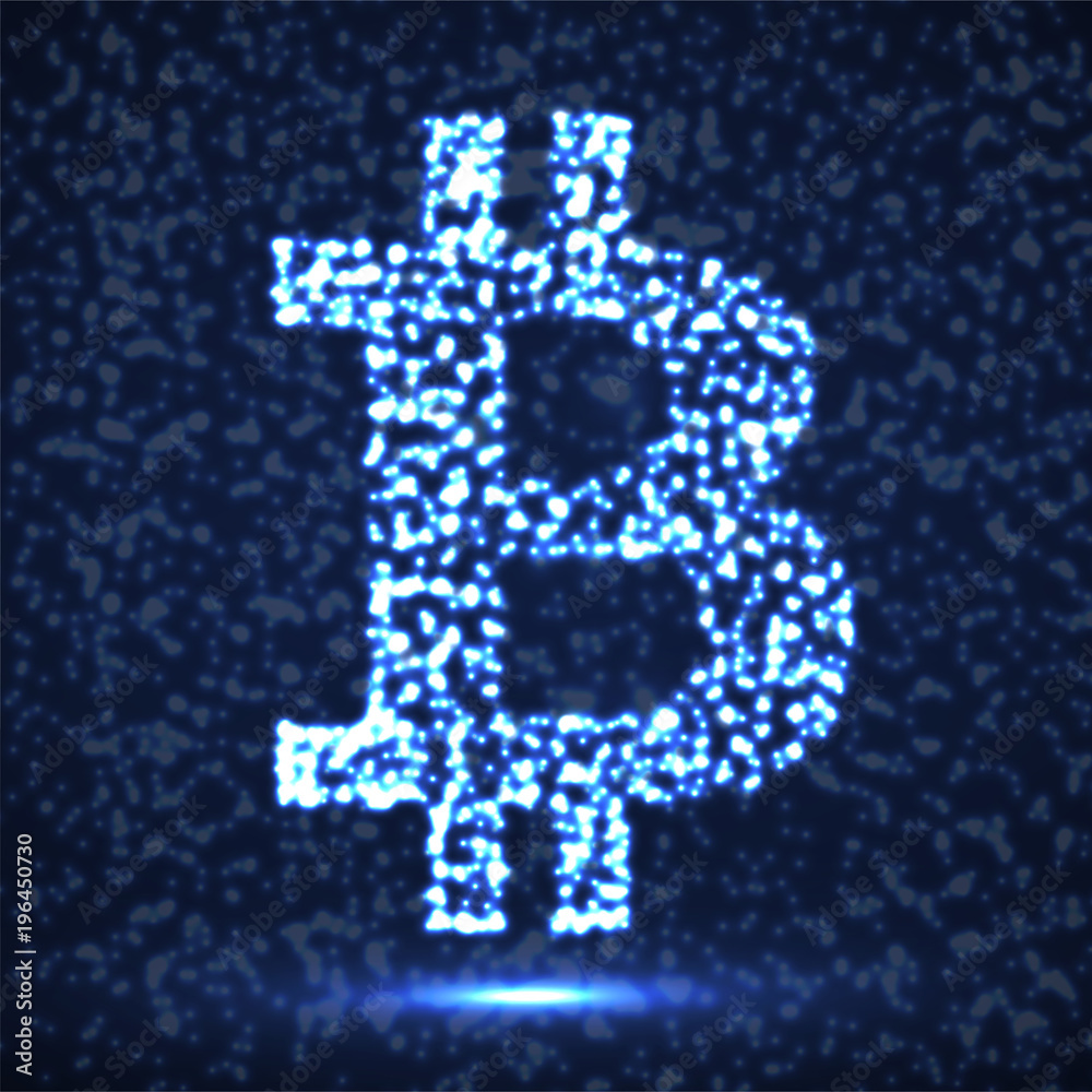 Abstract sign bitcoin of glowing particles, payment system, abstract sign Abstract sign bitcoin of glowing particles, payment system, abstract sign