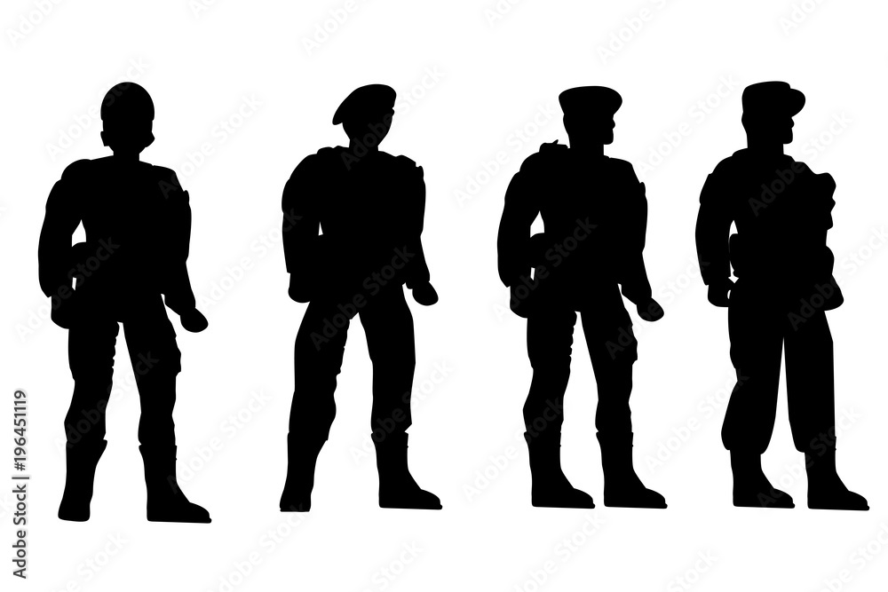 Set of Silhouette of Four Soldier, Low Angle Perspective