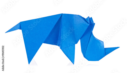 Blue rhinoceros of origami  isolated on white background.