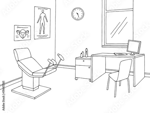 Gynecological office clinic graphic black white interior sketch illustration vector