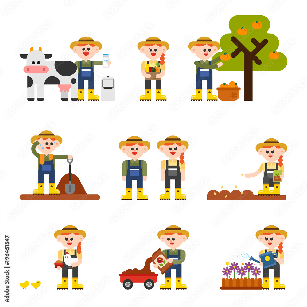 farmer character and various situation. vector flat design illustration set 