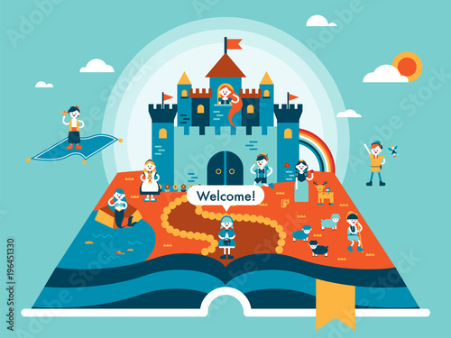 fairytale book world and character. vector flat design illustration set 