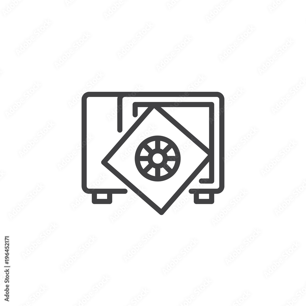 Safe with broken door open outline icon. linear style sign for mobile concept and web design. Broken metal safe simple line vector icon. Robbery symbol, logo illustration. Pixel perfect vector Safe with broken door open outline icon. linear style sign for mobile concept and web design. Broken metal safe simple line vector icon. Robbery symbol, logo illustration. Pixel perfect vector