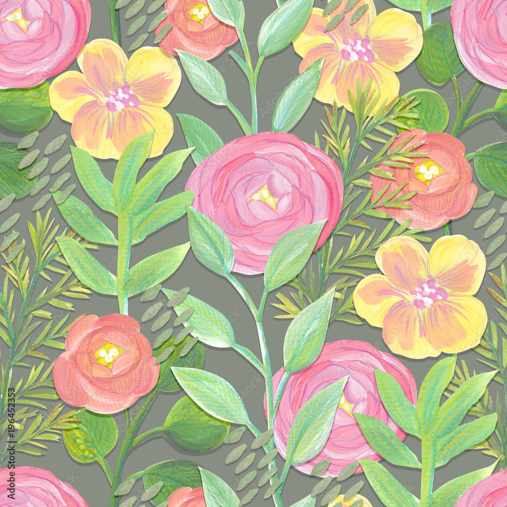 Gouache painted flowers and leaves Bright seamless pattern Gouache painted flowers and leaves Bright seamless pattern