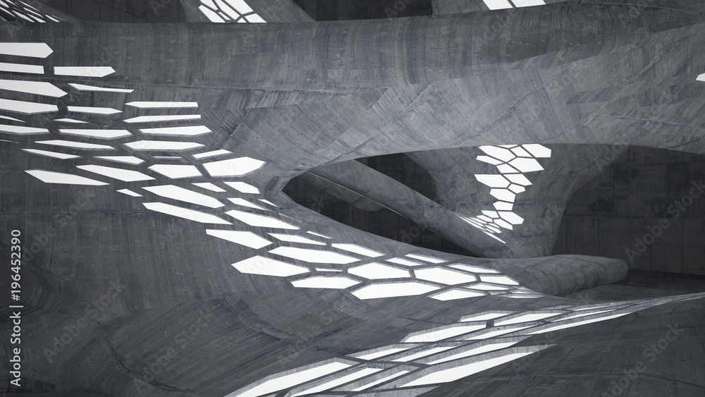 Abstract concrete parametric interior with neon lighting. 3D illustration and rendering. Abstract concrete parametric interior with neon lighting. 3D illustration and rendering.