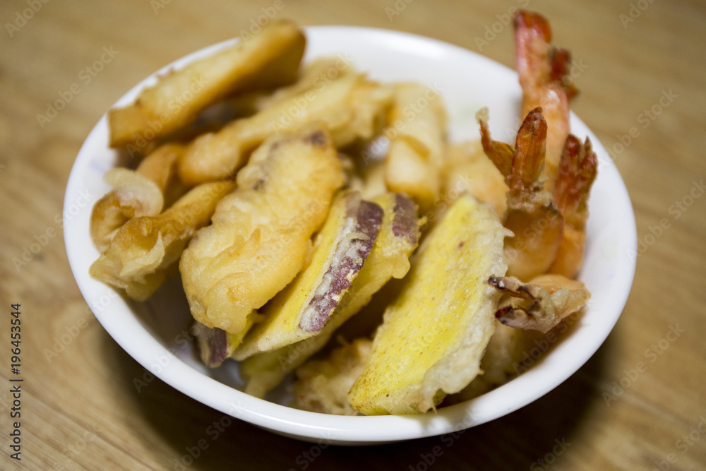 Fried sweet potatoes, shrimps, squids