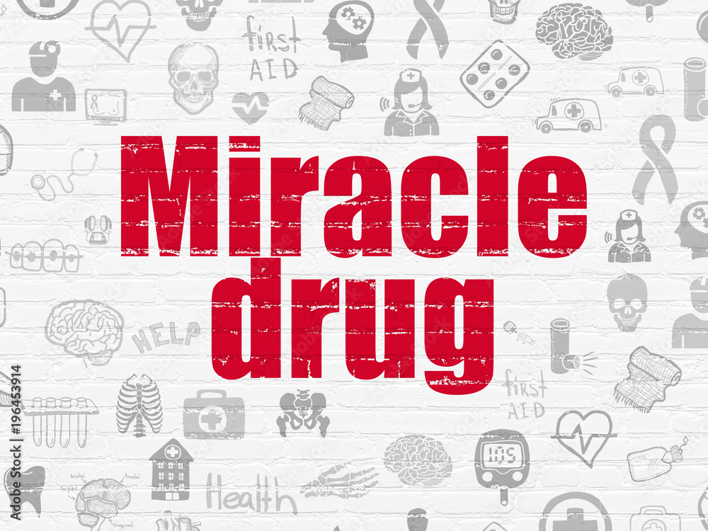 Medicine concept: Painted red text Miracle Drug on White Brick wall background with  Hand Drawn Medicine Icons