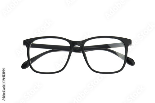 Black frame eyeglasses top view isolated on white background.
