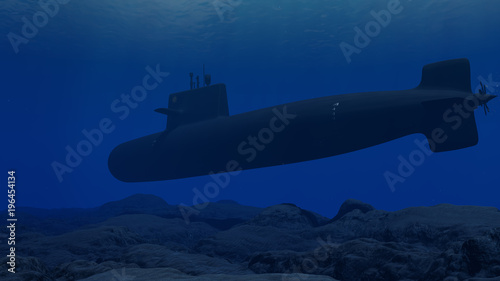 3D Illustration of a submarine patrolling close to the ocean floor