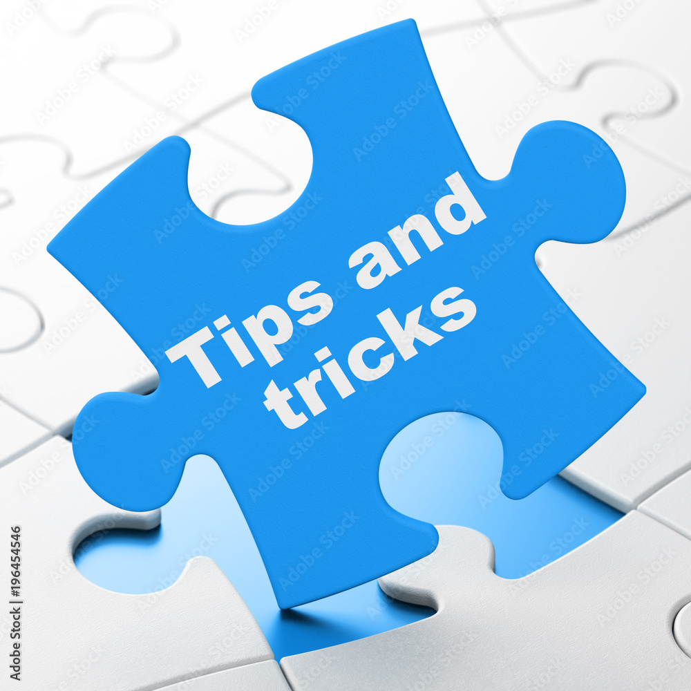 Education concept: Tips And Tricks on Blue puzzle pieces background, 3D rendering Education concept: Tips And Tricks on Blue puzzle pieces background, 3D rendering