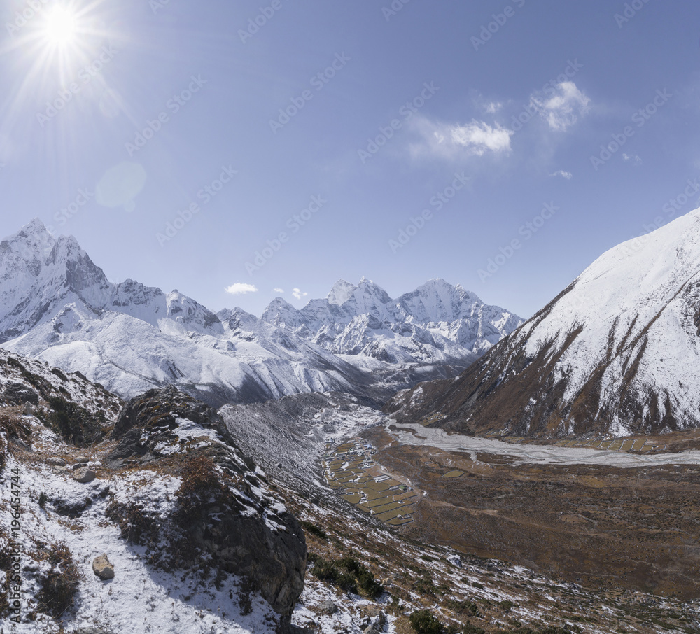 Fototapeta premium Ama Dablam summit and Pheriche valley on Everest base camp trek