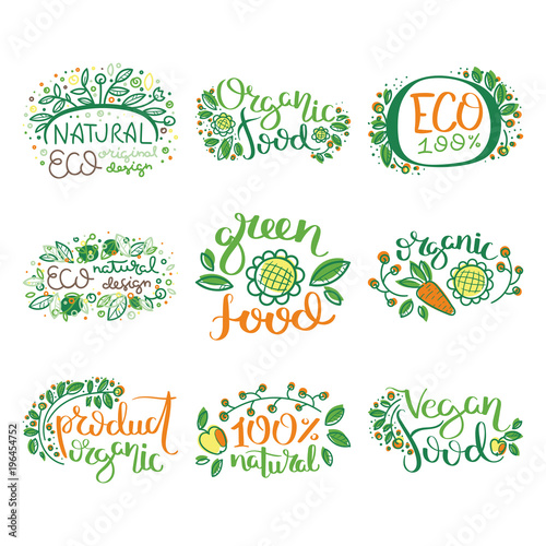 Fototapeta Naklejka Na Ścianę i Meble -  Eco vector organic labels, bio emblems for stickers and restaurants menu, natural products packaging.
