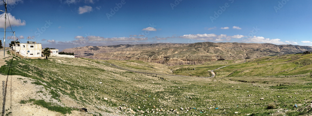 Composite high-resolution panoramic view from the plateau off the Dana Reserve Dana Reserve, an over 1000-metre deep valley cut in the south-western mountainous region of the Kingdom of Jordan.