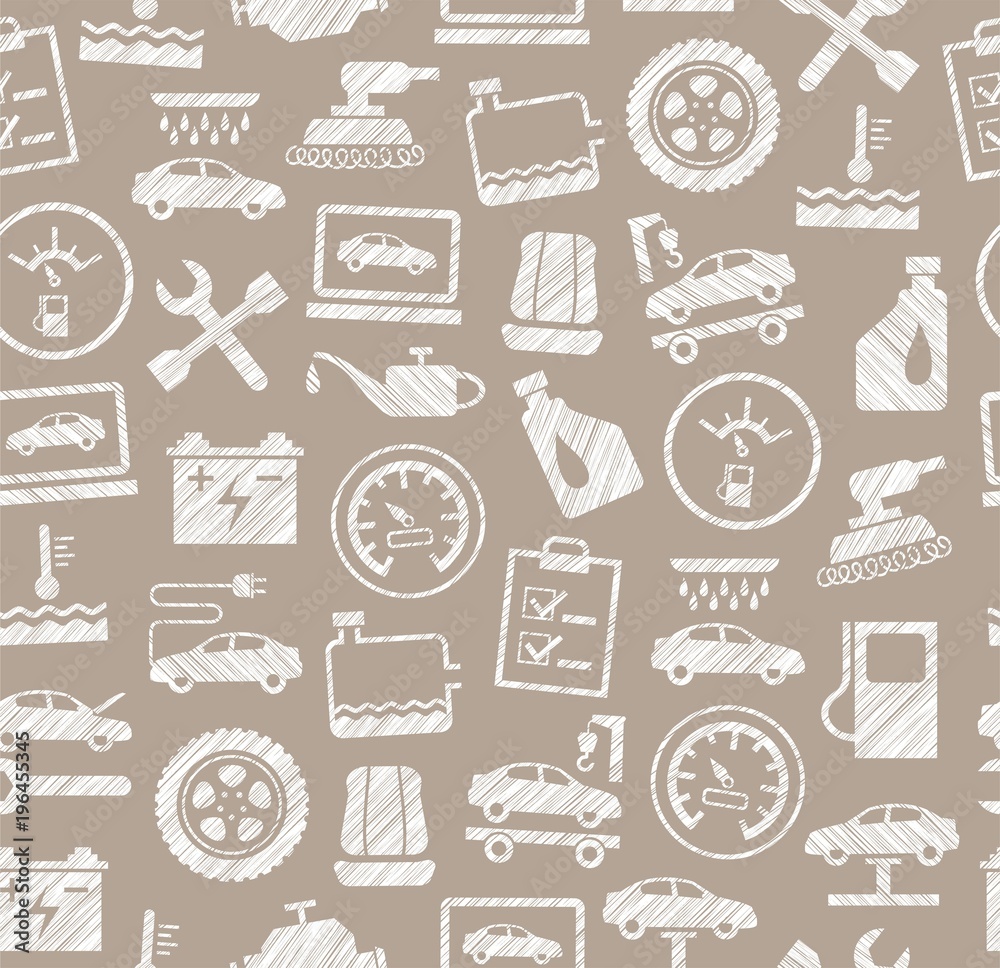 Car repair and maintenance, seamless pattern, gray, white, pencil hatching, vector. The automotive service. Color, flat pattern. Hatching with a white pencil on a gray field. Imitation. 