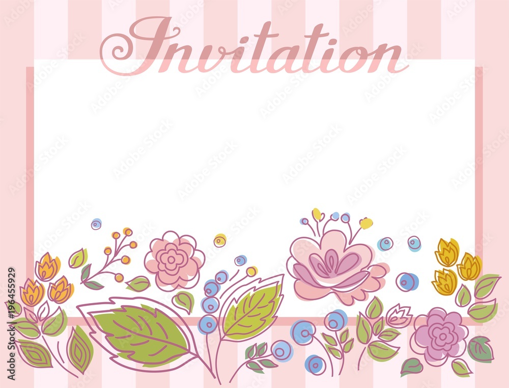Invitation, frame with flowers, lilac stripes, vector. Pink striped card. Colored twigs with berries and flowers. Vector picture. The inscription in English. Invitation, frame with flowers, lilac stripes, vector. Pink striped card. Colored twigs with berries and flowers. Vector picture. The inscription in English.