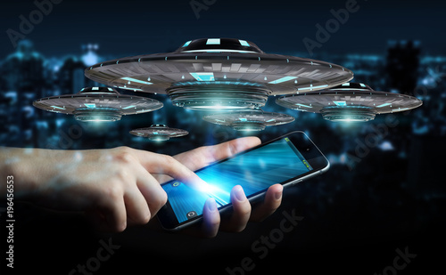 Fototapeta Naklejka Na Ścianę i Meble -  Businessman with retro UFO spaceship 3D rendering
