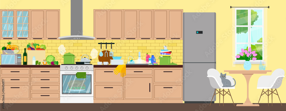 Clean kitchen interior. The food is prepared, the products are bought, the dishes are washed.Vector flat illustration. Clean kitchen interior. The food is prepared, the products are bought, the dishes are washed.Vector flat illustration.