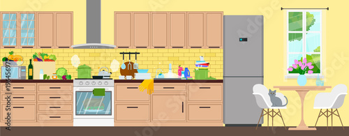 Clean kitchen interior. The food is prepared, the products are bought, the dishes are washed.Vector flat illustration.