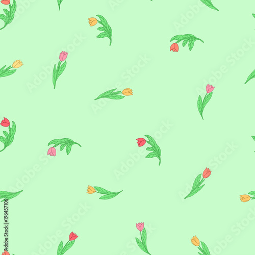 Seamless pattern with cute small cartoon colored flowers, tulips on green background.