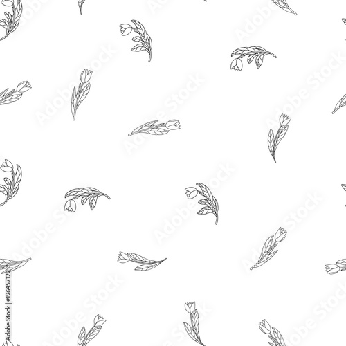 Seamless pattern with cute small cartoon flowers, tulips on white background.