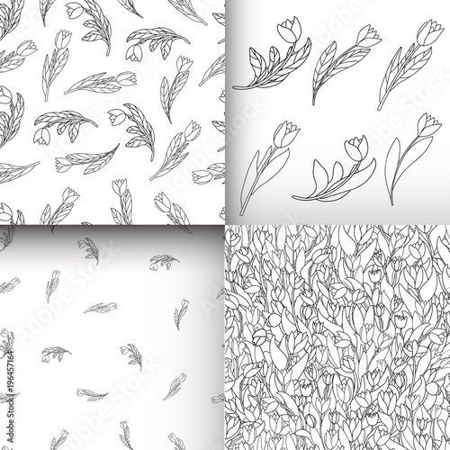 Set of seamless pattern with cute cartoon flowers, tulips on white background.