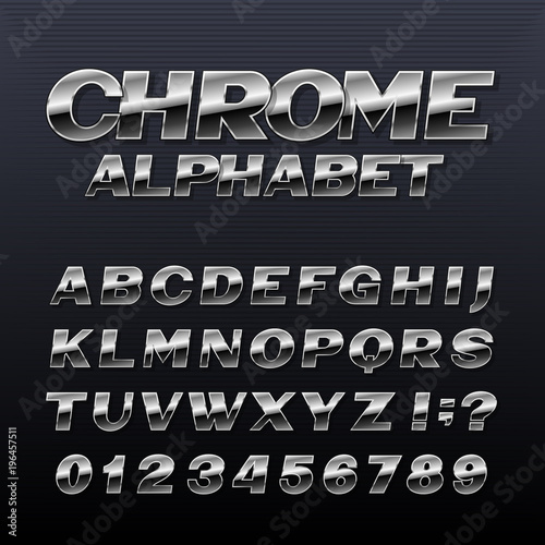 Chrome effect alphabet font. Metal numbers, symbols and letters. Stock vector typeface for any typography design.