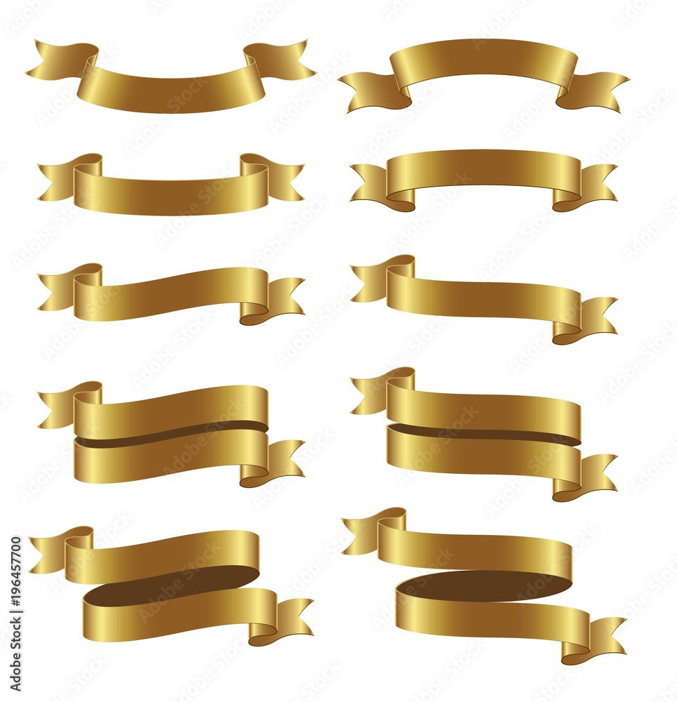 Set of gold ribbon banners on white background