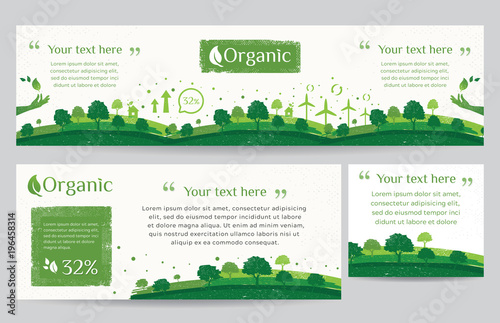 Vector set of nature, ecology, organic, environment banners. Web banner of Clean green environment with grunge style