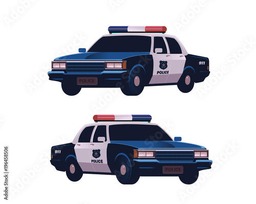 Retro police cars set. Isometric view. Police transport isolated on the white background.