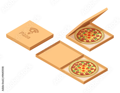 Pizza cardboard boxes set. Isometric view. Opened and closed package. Vector illustration isolated on white background.