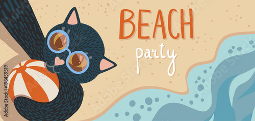 Beach party flyer with cat selfie. DL horizontal.