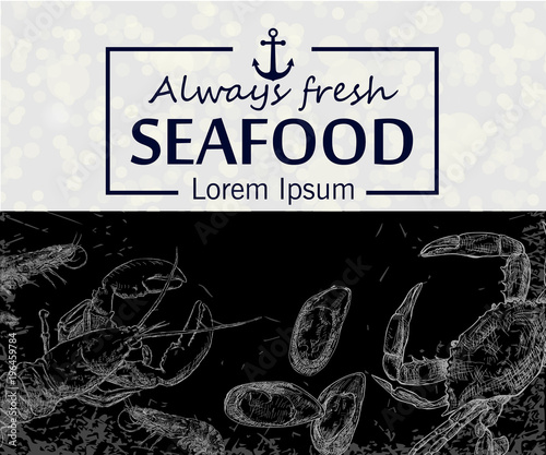 Seafood hand drawn vector illustration. Crab, lobster, shrimp, oyster,