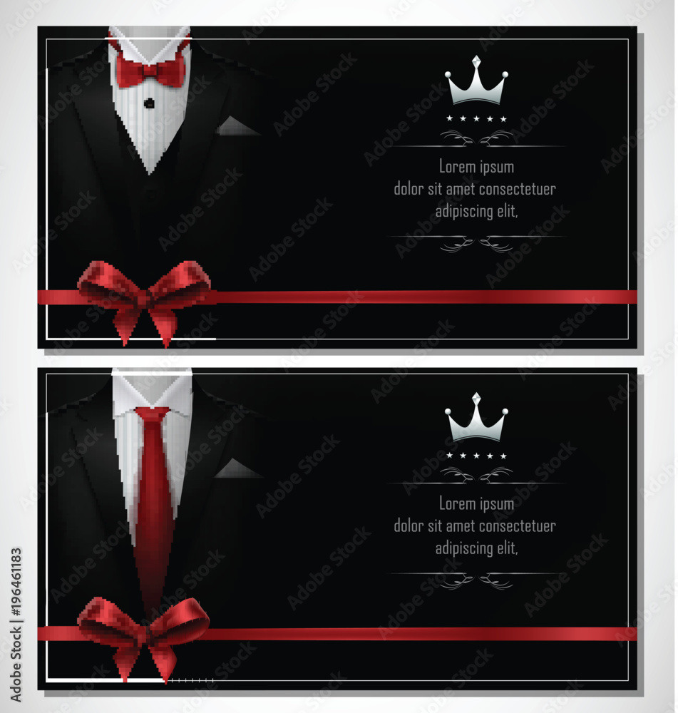 © artnovielysa - Set of black tuxedo business card templates with men's suits and red tie