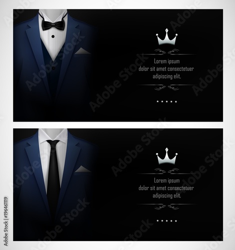Set of blue tuxedo business card templates with men's suits and black tie
