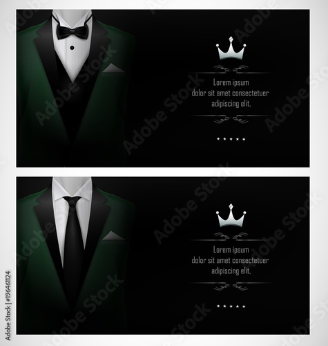 Set of green tuxedo business card templates with men's suits and black tie