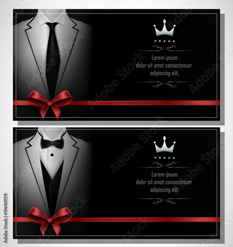 Set of white tuxedo business card templates with men's suits and black tie