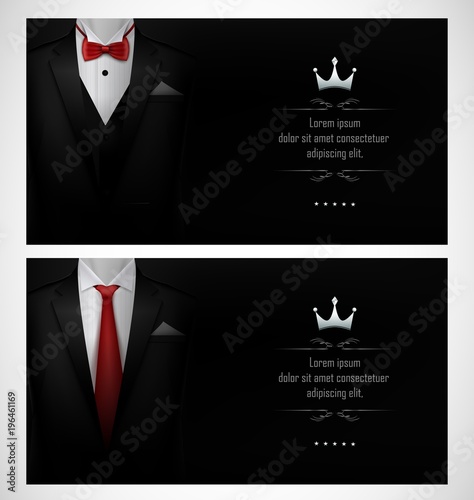 Set of black tuxedo business card templates with men's suits and red tie