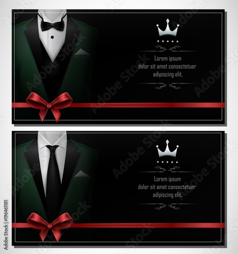 Set of green tuxedo business card templates with men's suits and black tie