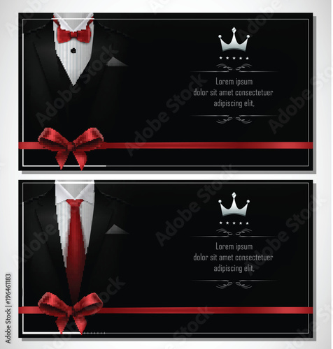 Set of black tuxedo business card templates with men's suits and red tie