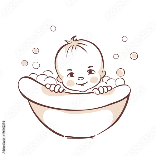 Baby bathe in the tub / Vector illustration, little child is sitting in a bath with foam