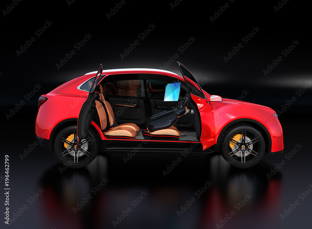 Naklejka premium Electric self-driving SUV car interior design. Front seats are equipped with monitors. Concept for new business work style in car. 3D rendering image.