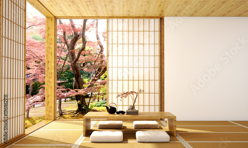 interior design,modern living room with table,wood floor and tatami mat and traditional japanese door on best window view ,was designed specifically in Japanese style, 3d illustration, 3d rendering