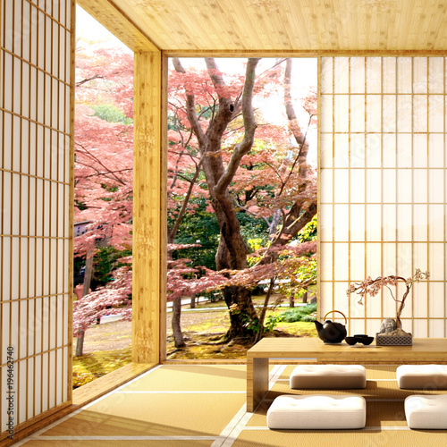 Photography interior design,modern living room with table,wood floor and tatami mat and trad