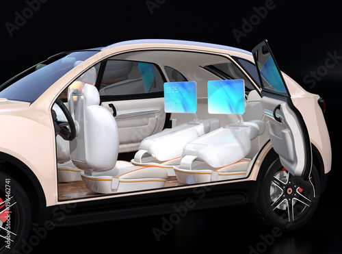 Electric self-driving SUV car interior design. Passengers have video meeting by rear seats  monitors. Concept for new business work style in car. 3D rendering image.