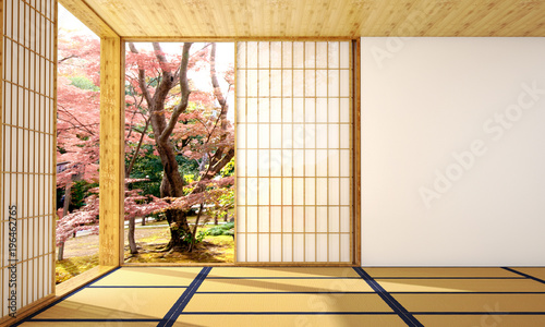 Photography interior design,modern living room with table,wood floor and tatami mat and trad